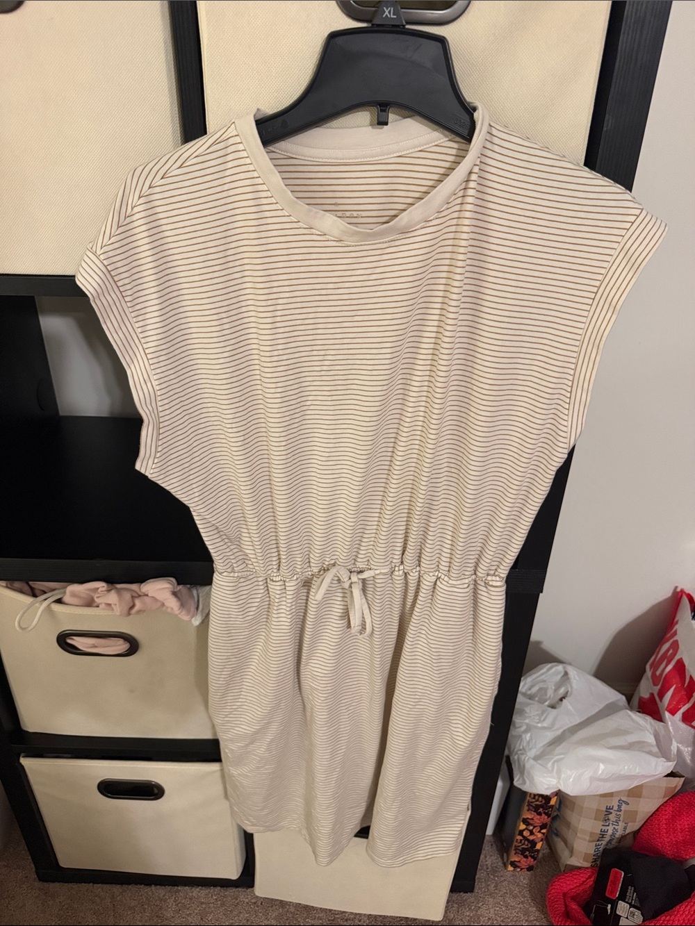 A new day Women's Cream & Beige Striped Drawstring Waist Dress